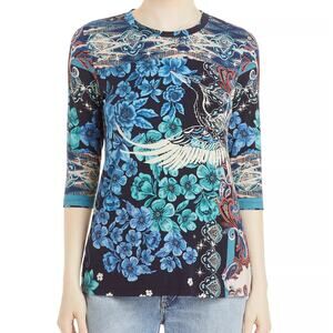 Johnny Was Lunamo Crane Top Womens XS Blue Floral Paisley Bird Bohemian Artsy